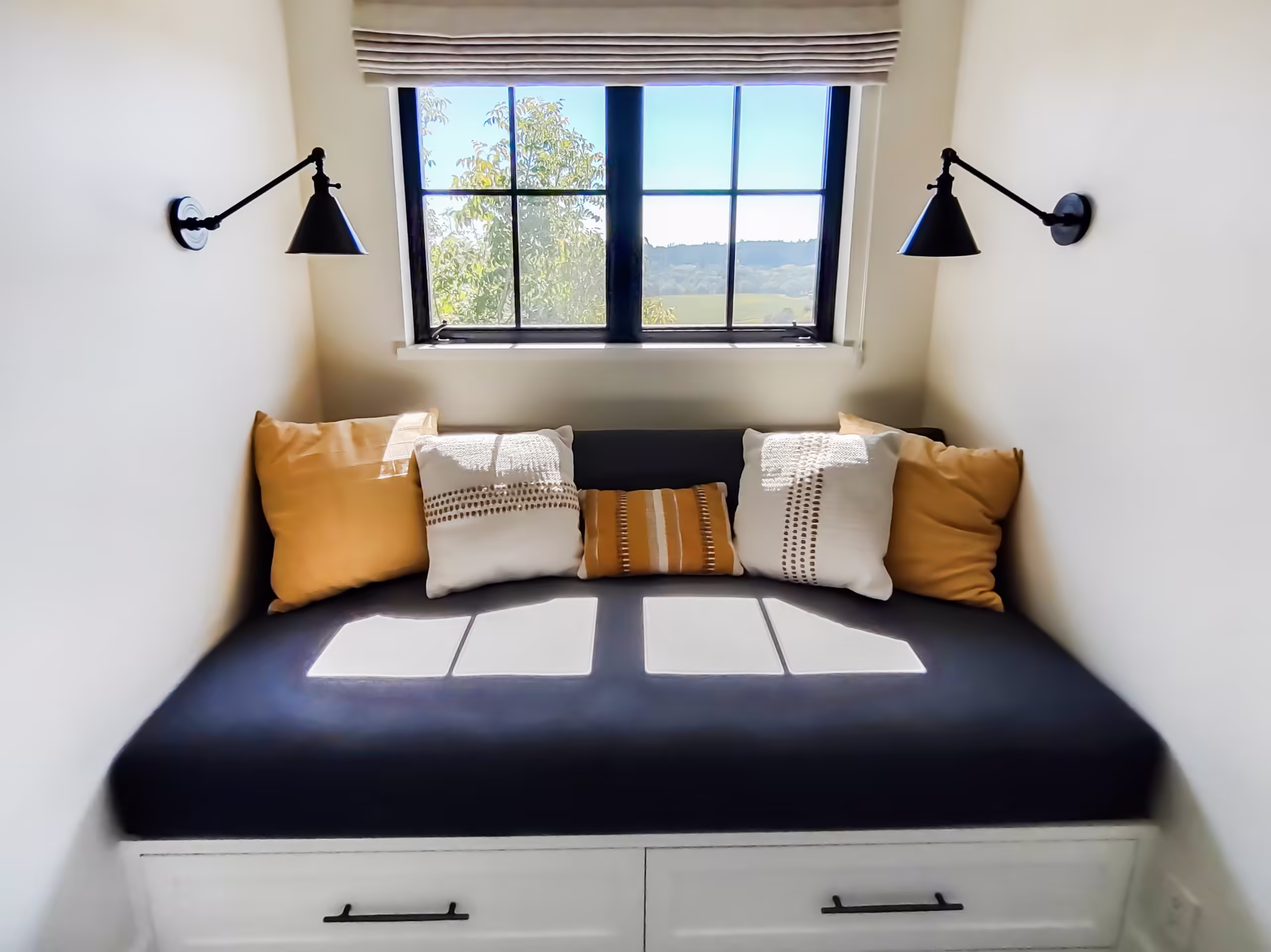 A custom window-seat cushion for a Sonoma County home by Master&rsquo;s Touch Upholstery, Santa Rosa, CA
