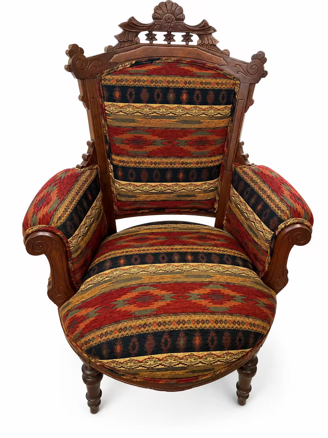 An antique armchair reupholstered in a southwestern kilim weave at Master&rsquo;s Touch Upholstery, Santa Rosa, CA