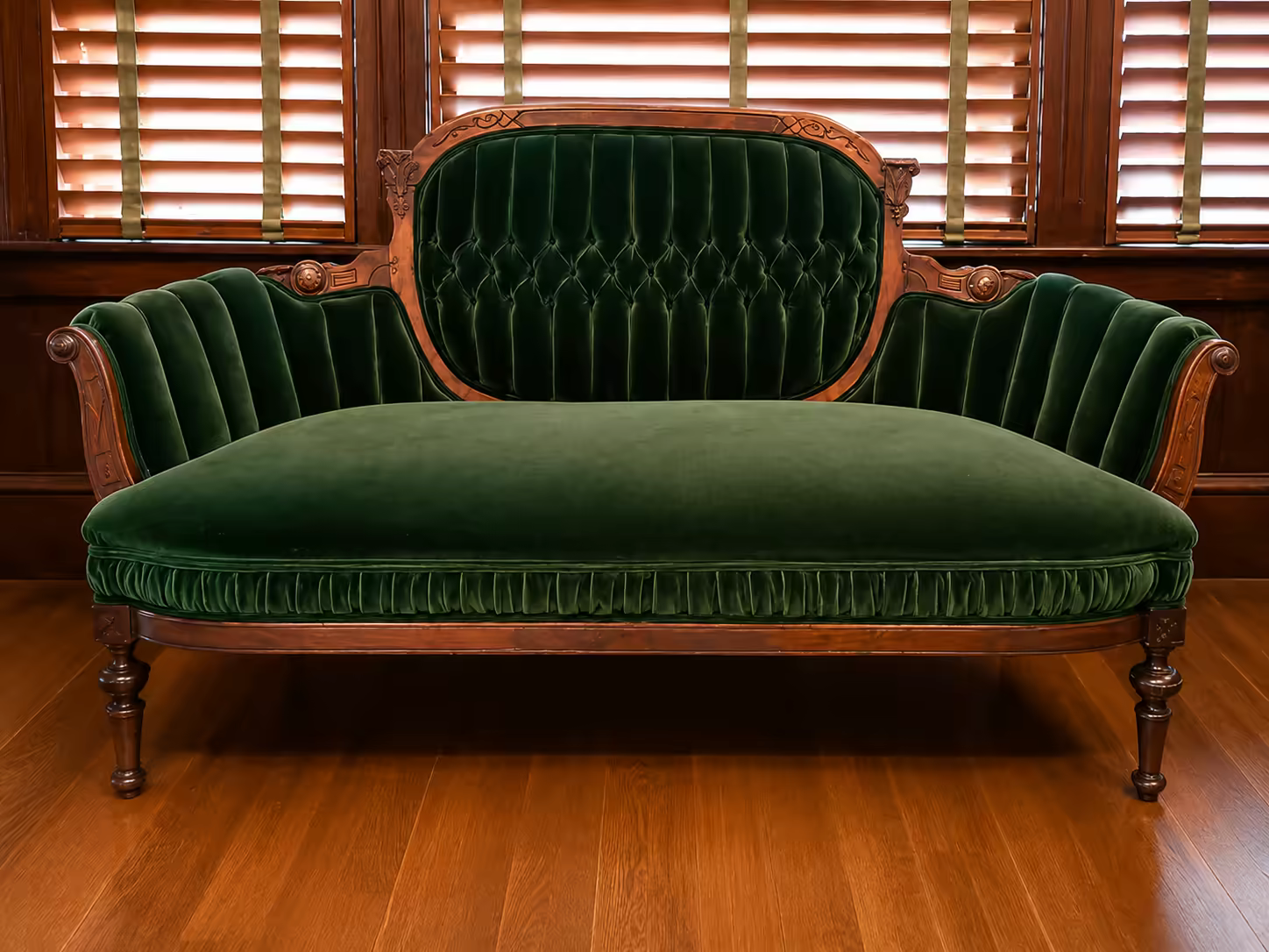 A Victorian settee reupholstered in green velvet at Master&rsquo;s Touch Upholstery, Santa Rosa, CA