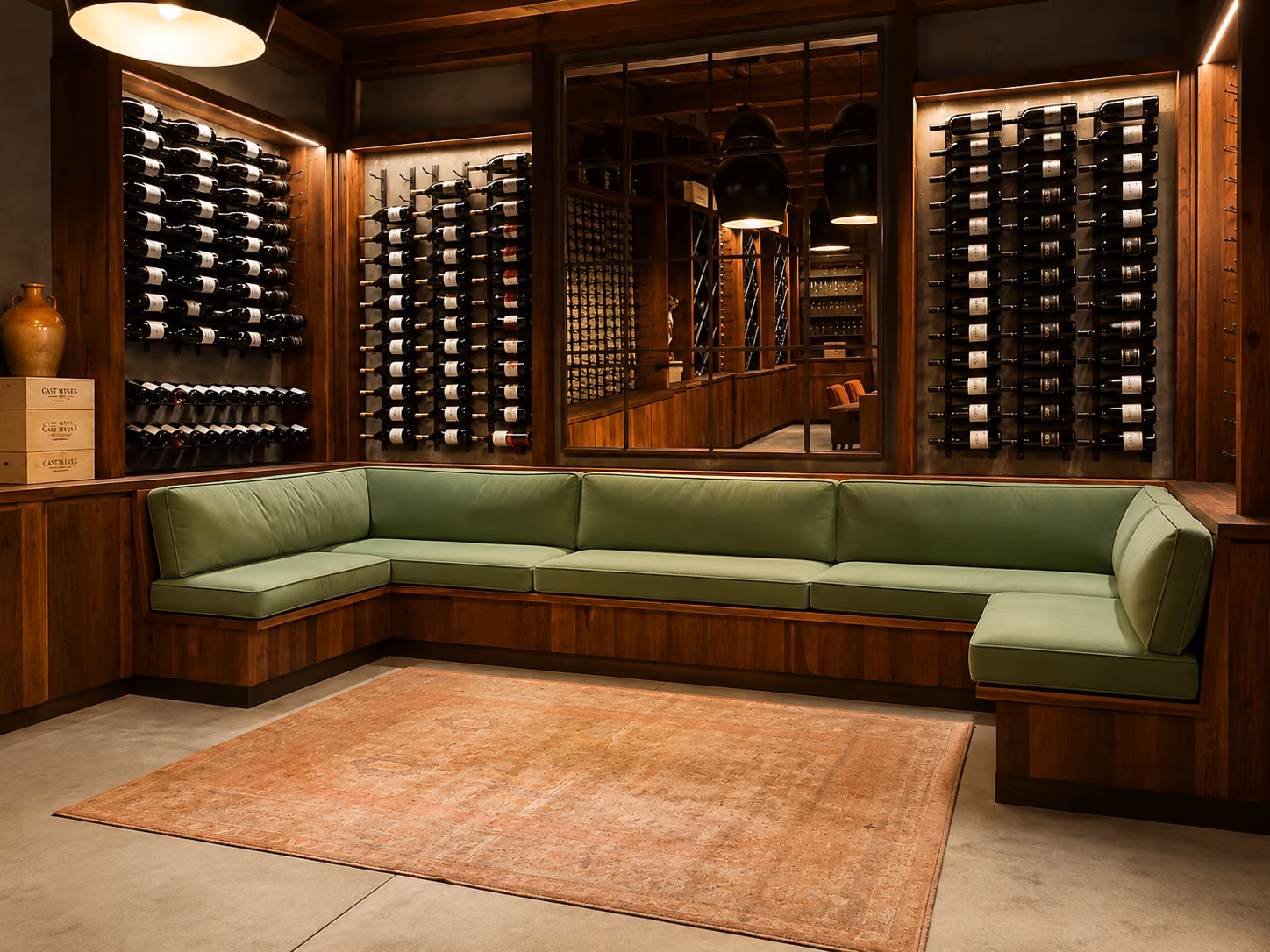 A custom L-shaped wine-cellar banquette upholstered in green velvet by Master&rsquo;s Touch Upholstery, Santa Rosa, CA