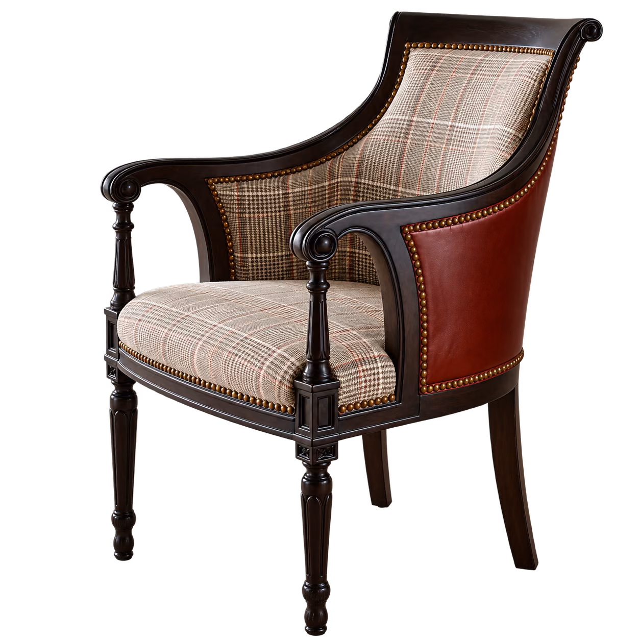 An armchair upholstered in a tweed plaid weave with nailhead trim at Master&rsquo;s Touch Upholstery, Santa Rosa, CA